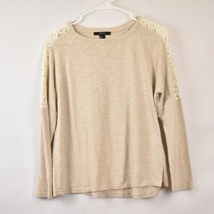 Forever 21 Women Neutral Oatmeal Lace Detail Crew Long Sleeve Shirt Size Medium